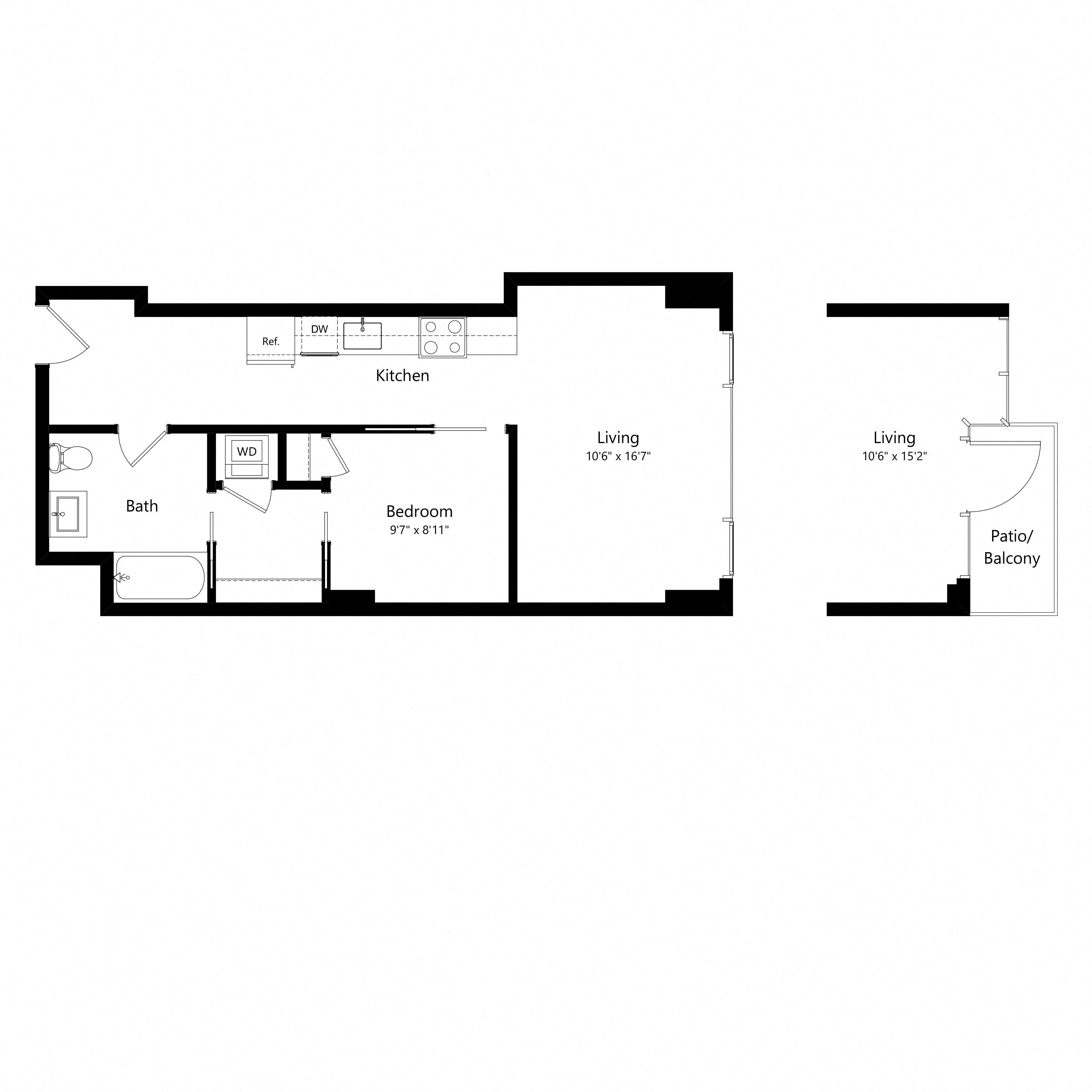 Floor plan for 1 bed, 1 bath, 604 sqft